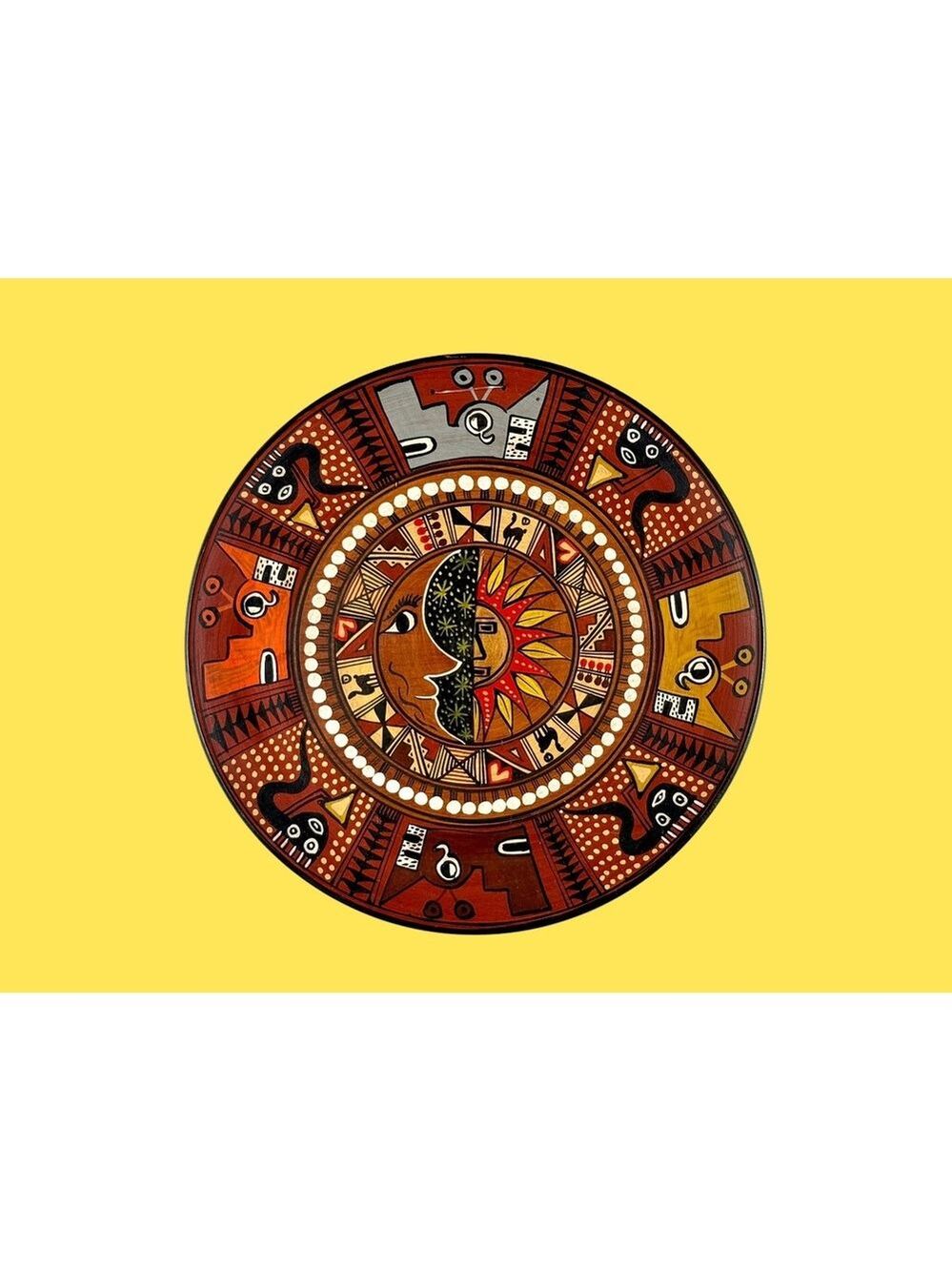 Vintage Peruvian Hand Painted Wood 8in Plate Pisac Cusco Sun Moon Folk Wall Art
